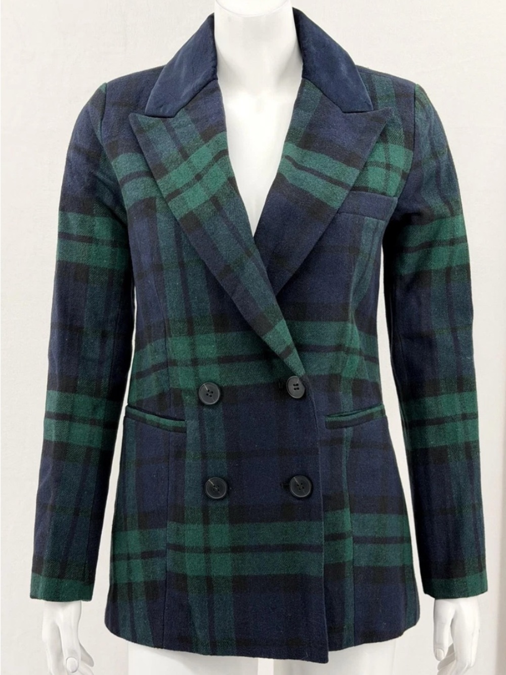 Avec Les Filles Double-Breasted Plaid Blazer - Green & Blue